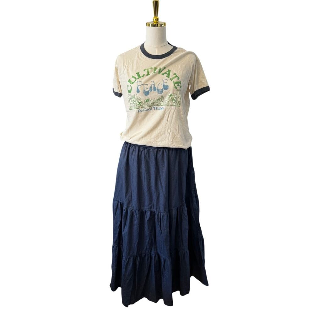 PACT Organic Cotton Tiered Maxi Skirt Navy Blue Size Large